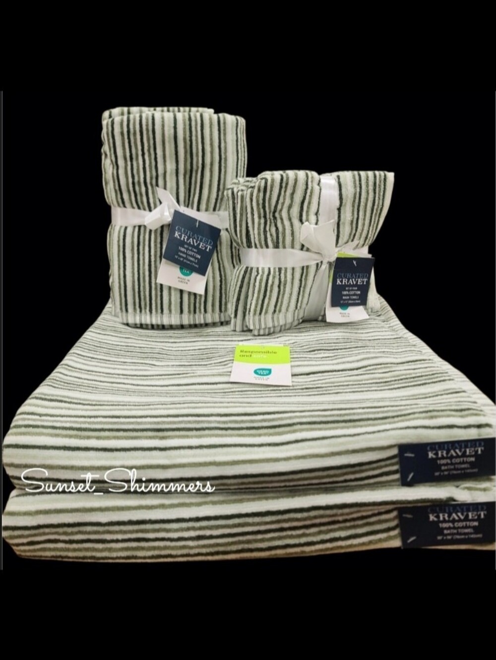 8 CURATED KRAVET Velour Towels Green Ombre Striped Bath Hand Washcloth Towel Set